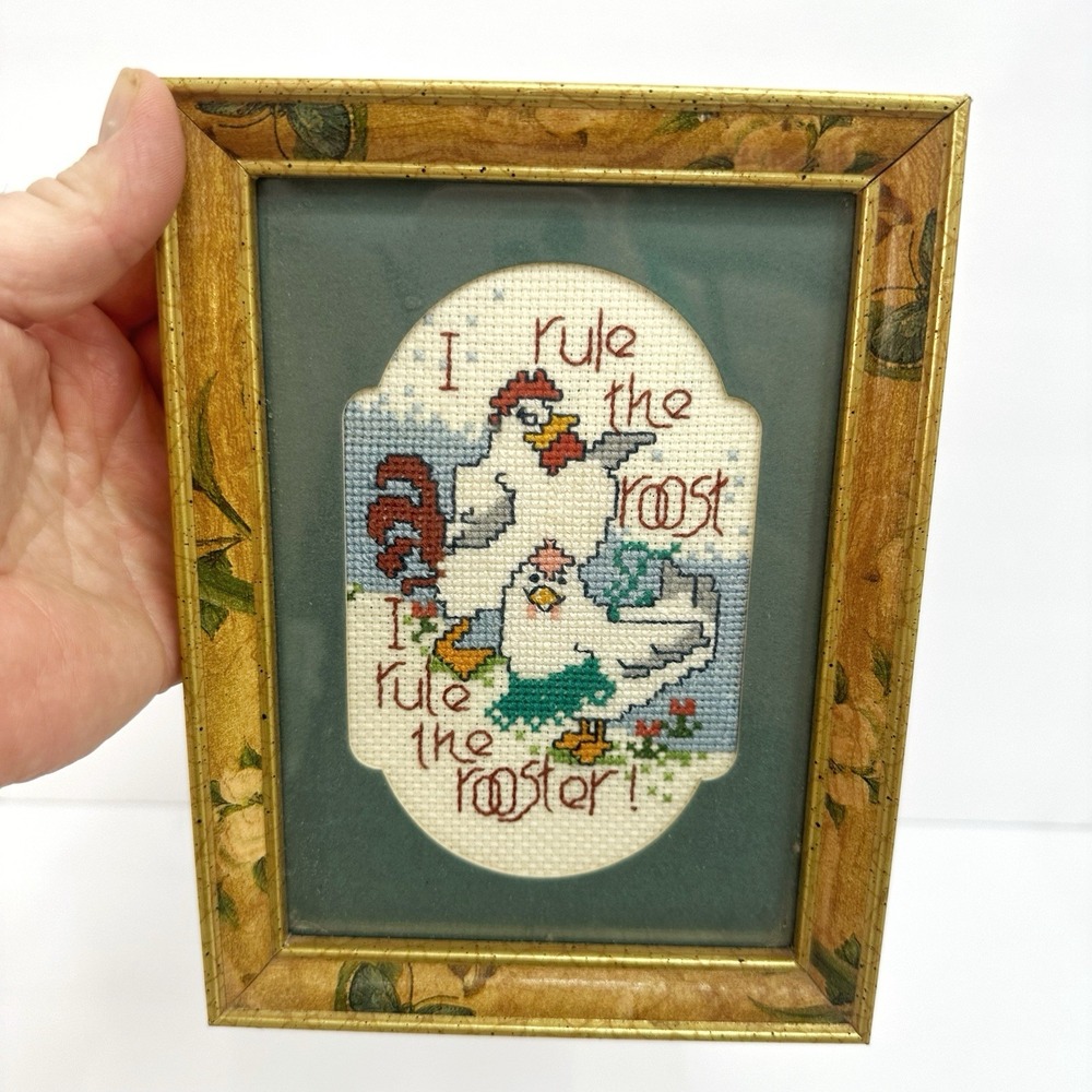 Vintage Rule The Roost Completed & Framed Cross Stitch Chicken Butterfly Frame